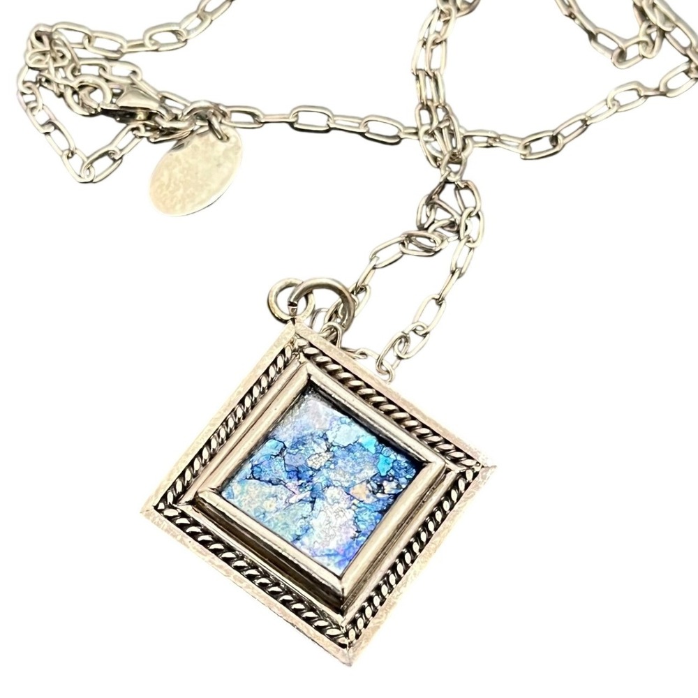 CW Sellors Israel 925 Silver Glass Necklace Women Blue Sterling 925 Square
